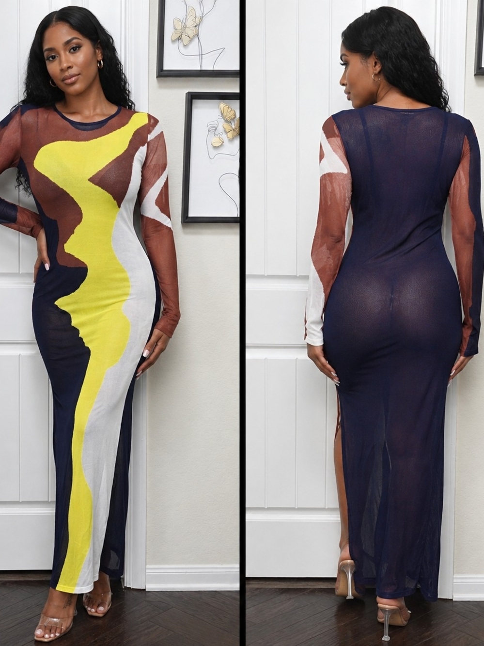 Fashion Nova Abstract Sheer Long-Sleeve Maxi Dress in Navy and Yellow